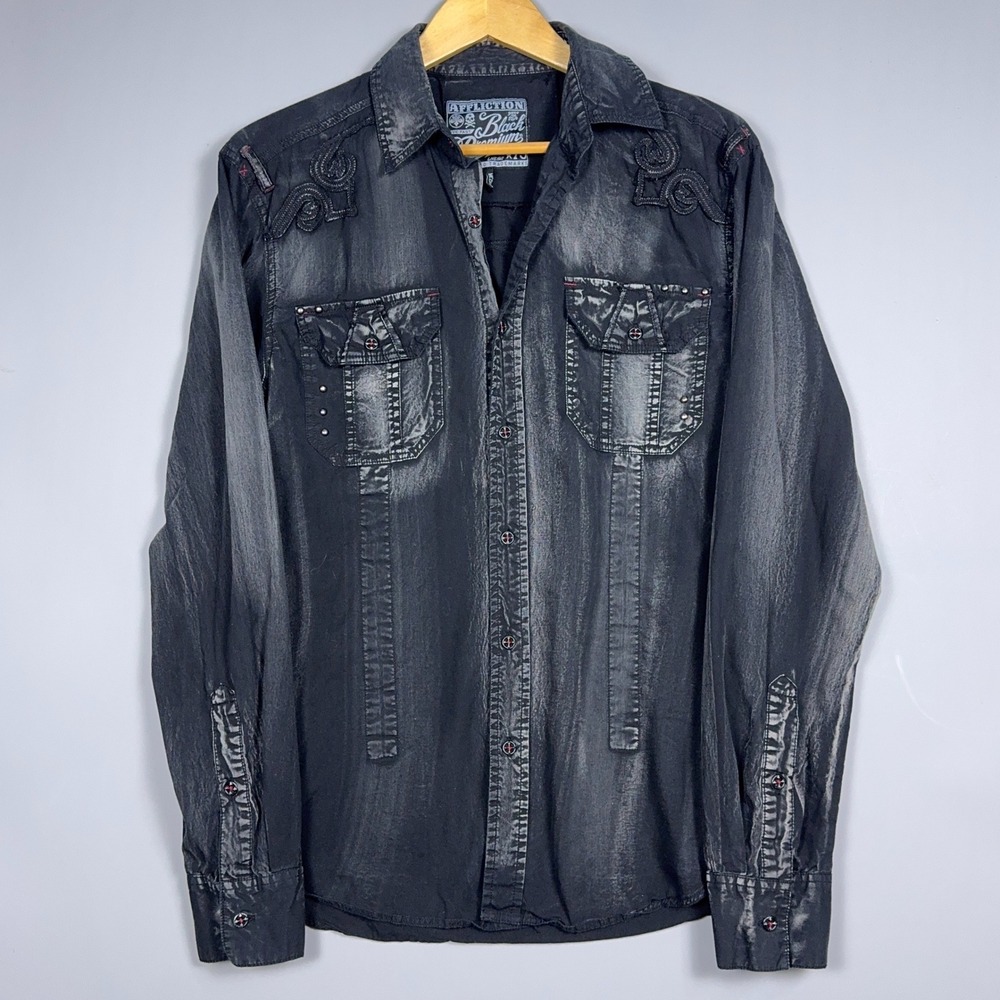 Affliction Black Premium Shirt Mens Medium Y2K Grunge Studded Black‎ Biker Goth
